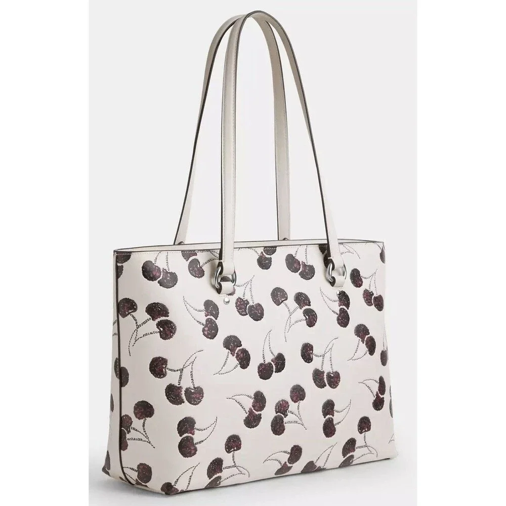 COACH CCZ14 Station Tote Bag With Cherry Print Smooth Leather Silver/Chalk Multi